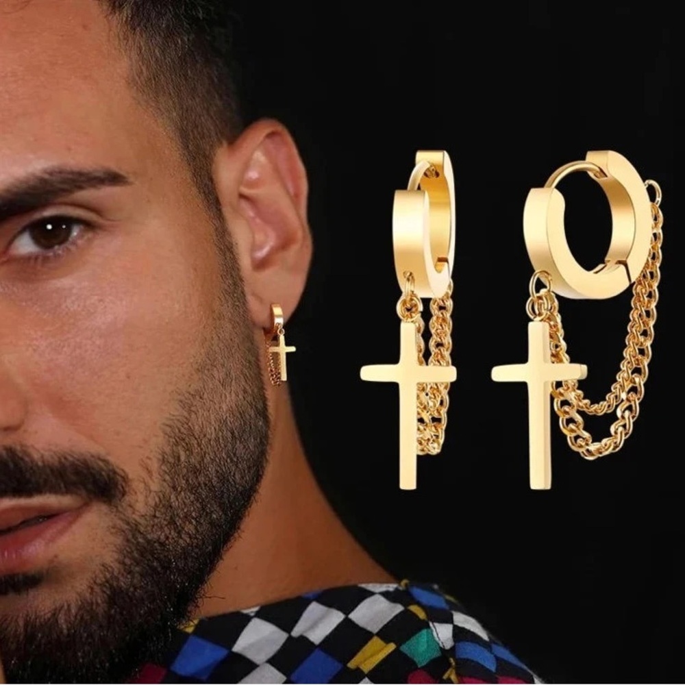 Stainless Steel Cross Double Chain Huggie Hoops Earring Pair for Mens Earrings